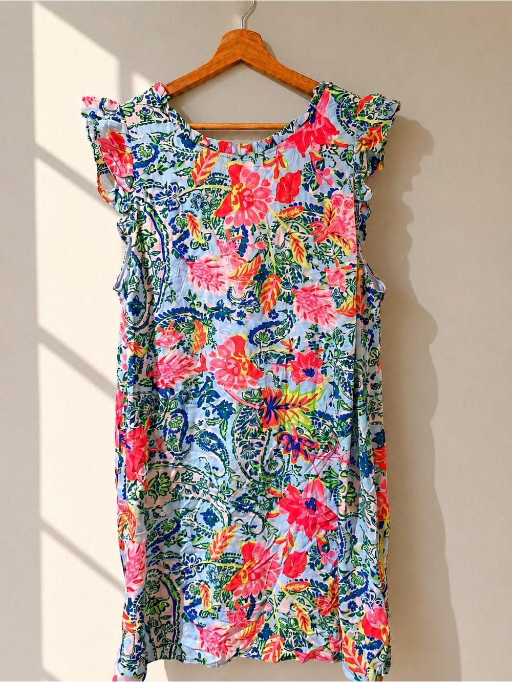 NWT Emily Wonder Lilly Floral Print Ruffle Shift Mini Dress Pink Blue 1X Plus